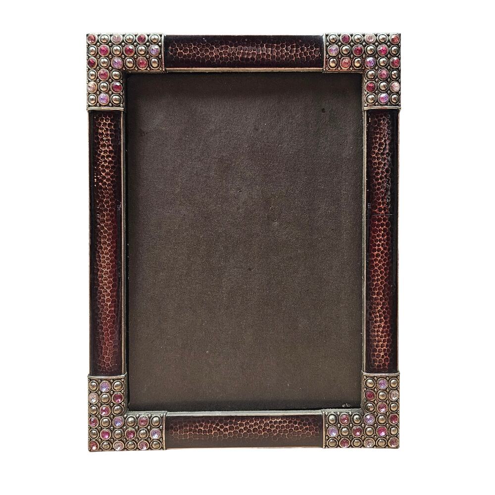 Vintage Jeweled Photo Frame 4x6 Hammered Copper Texture Swarovski Crystal Accent